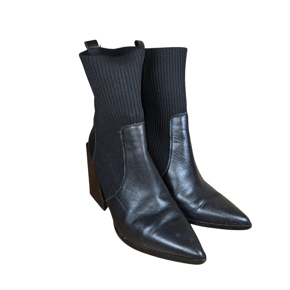 Steve Madden Hollis Sock Leather Block 4" Heel Boots Black Womens 6.5 Point Toe - Picture 5 of 8